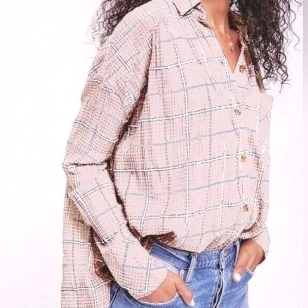 Free People Break My Stride Pink Gauzy Oversized Flowy Button Down Boho Shirt XS